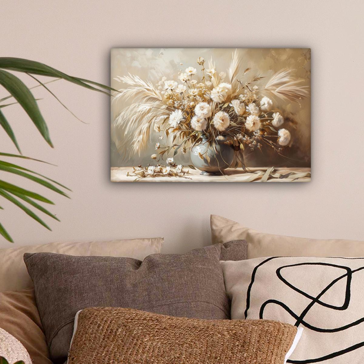 LEINWANDBILD Blumen - Vase - Stilleben - Beige Deko Schlafzimmer 30x20 cm - Creme, Textil (30/20cm) - MuchoWow