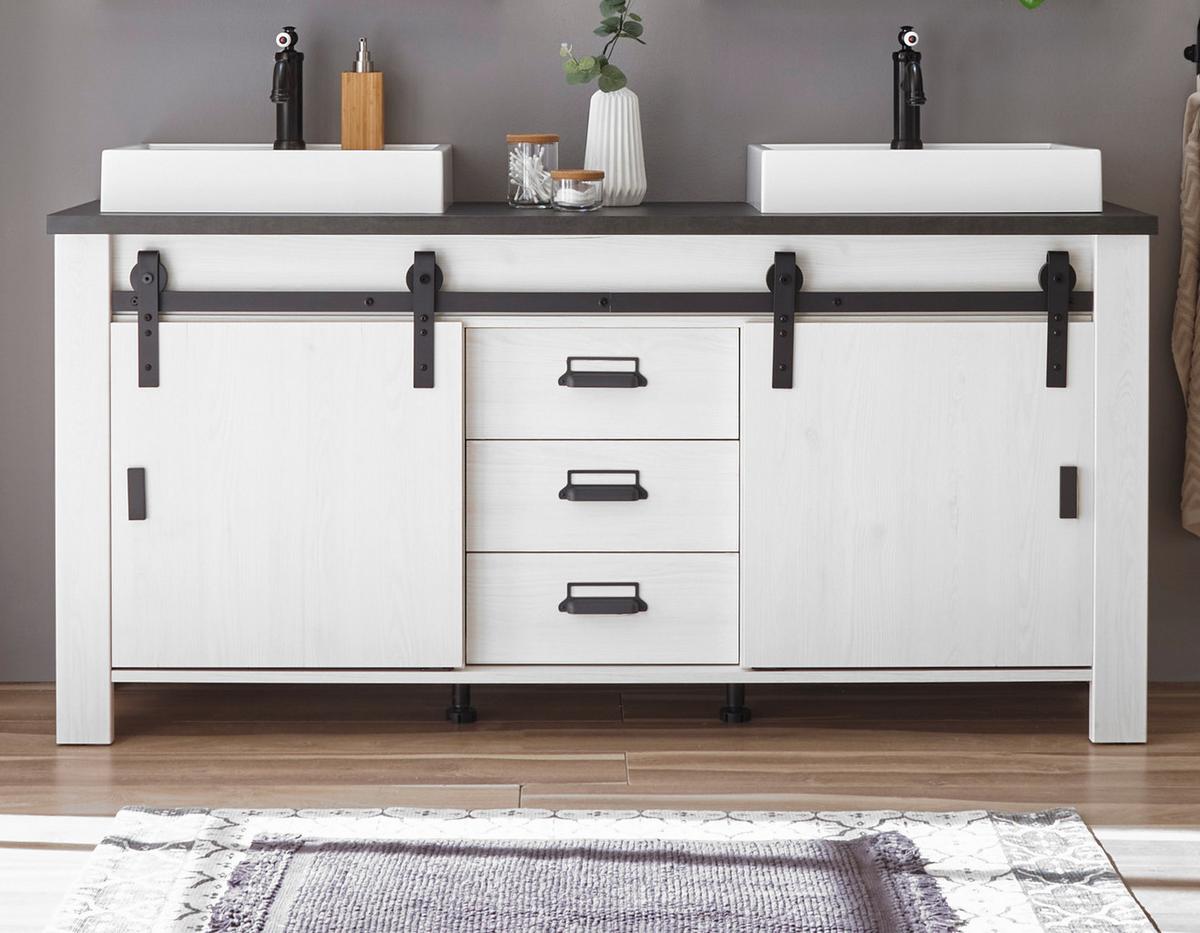 DOPPELWASCHTISCH weiß Pinie, anthrazit Landhaus, Waschtisch- Set inkl. 2 x Waschbecken - Anthrazit/Weiß, Holzwerkstoff/Metall (164/81/43cm) - Furn.Design