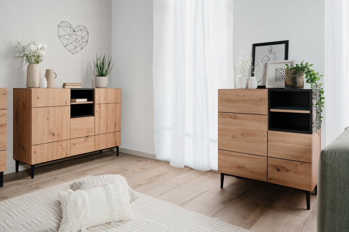 KOMMODE Eiche Artisan, schwarz 80 x 90 cm, Schrank 2-türig mit 7 Fächern - Schwarz/Eiche Artisan, Holzwerkstoff (80/90/42cm) - Furn.Design