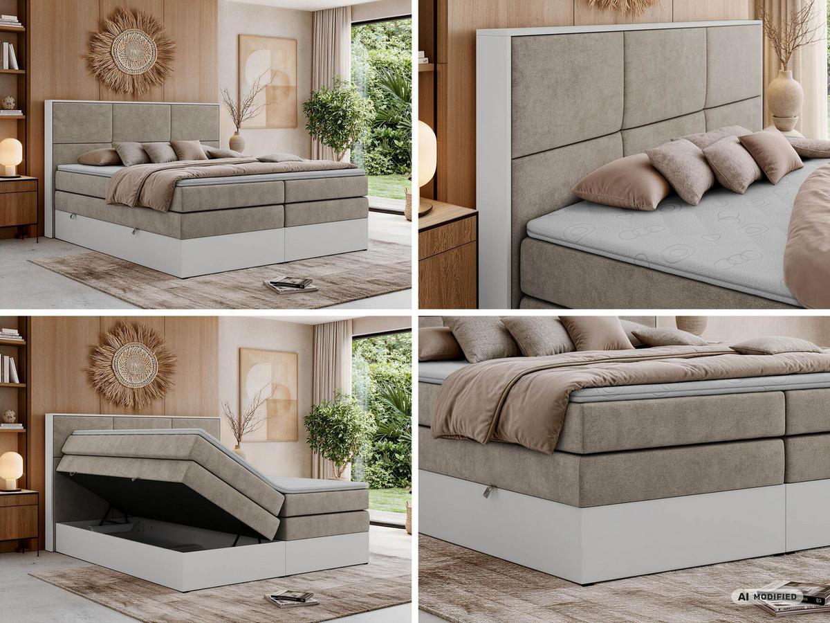 BOXSPRINGBETT DELVIT KING 200/200 - Greige Stukture - Topper Visco - H4 - Greige/Schwarz, Kunststoff/Textil (200/200cm) - MKS