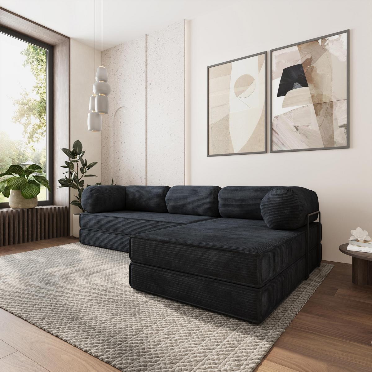 ECKSOFA ETERA modulares Boneless Sofa mit Schlaffunktion Schwarz Kordstoff - Schwarz, Textil (270/160cm) - MASSENO