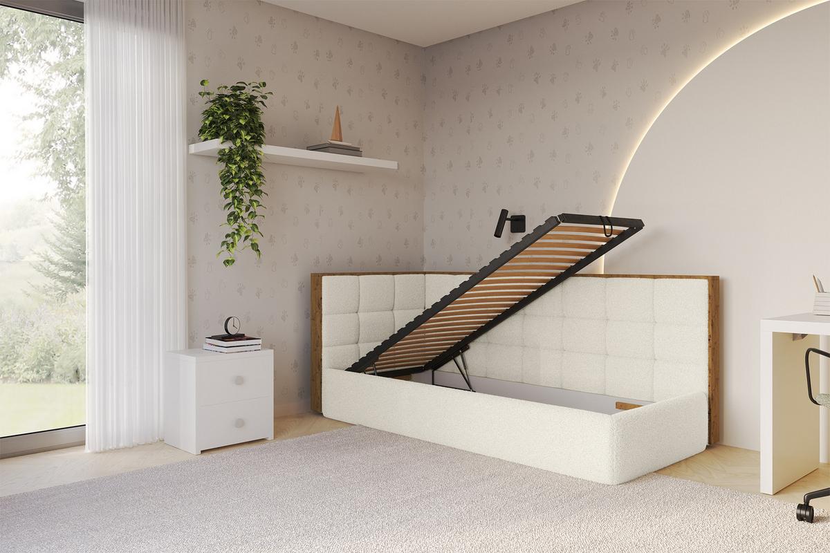 EINZELLBETT Jugendbett mit Bettkasten, Rechts - SOVY 90x200 Beige - Perlmutt, Holzwerkstoff/Textil (90/200cm) - ALTDECOR