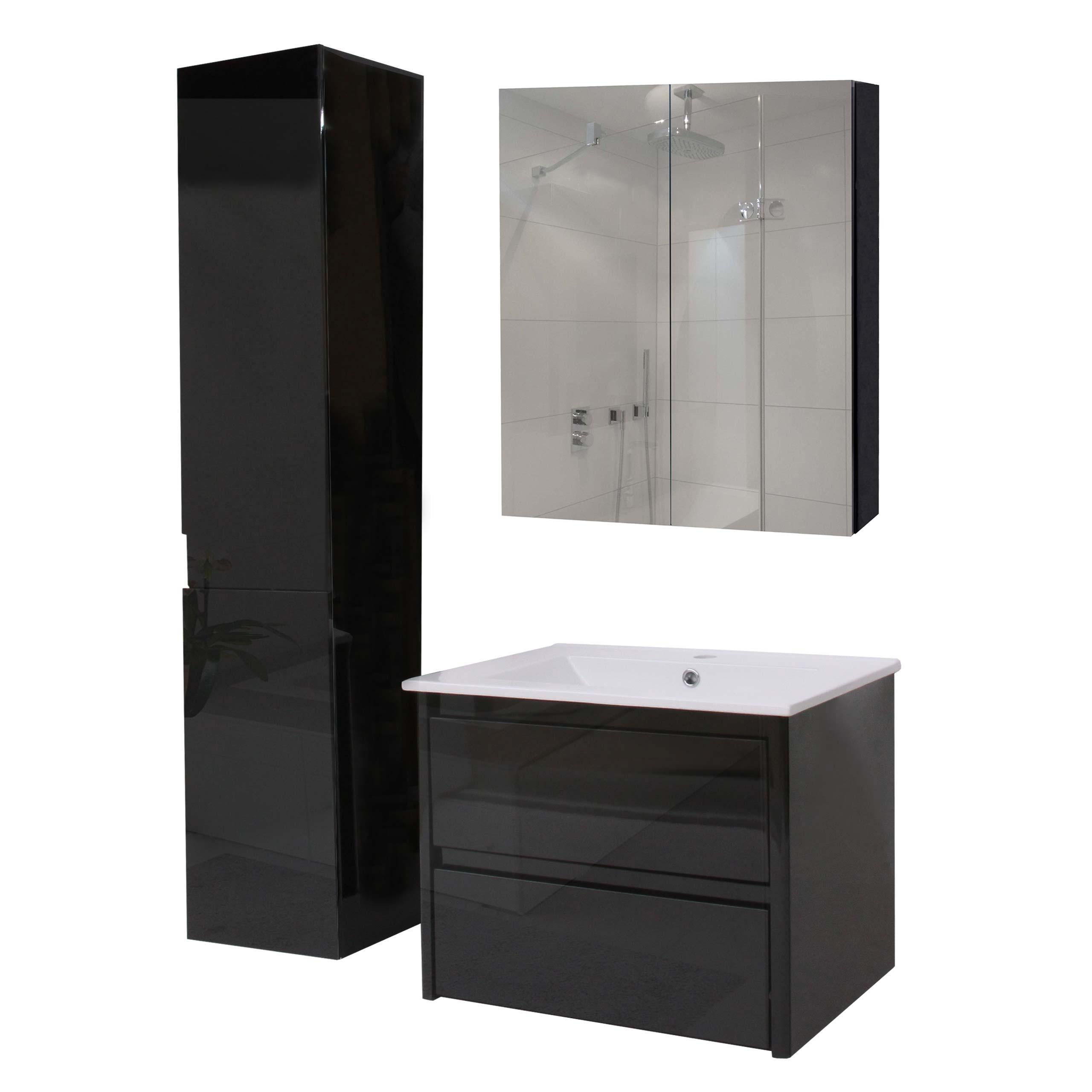 BADEZIMMERSET B19B Hochglanz Schwarz - Schwarz Hochglanz, Holz (61/150/47cm) - MCW