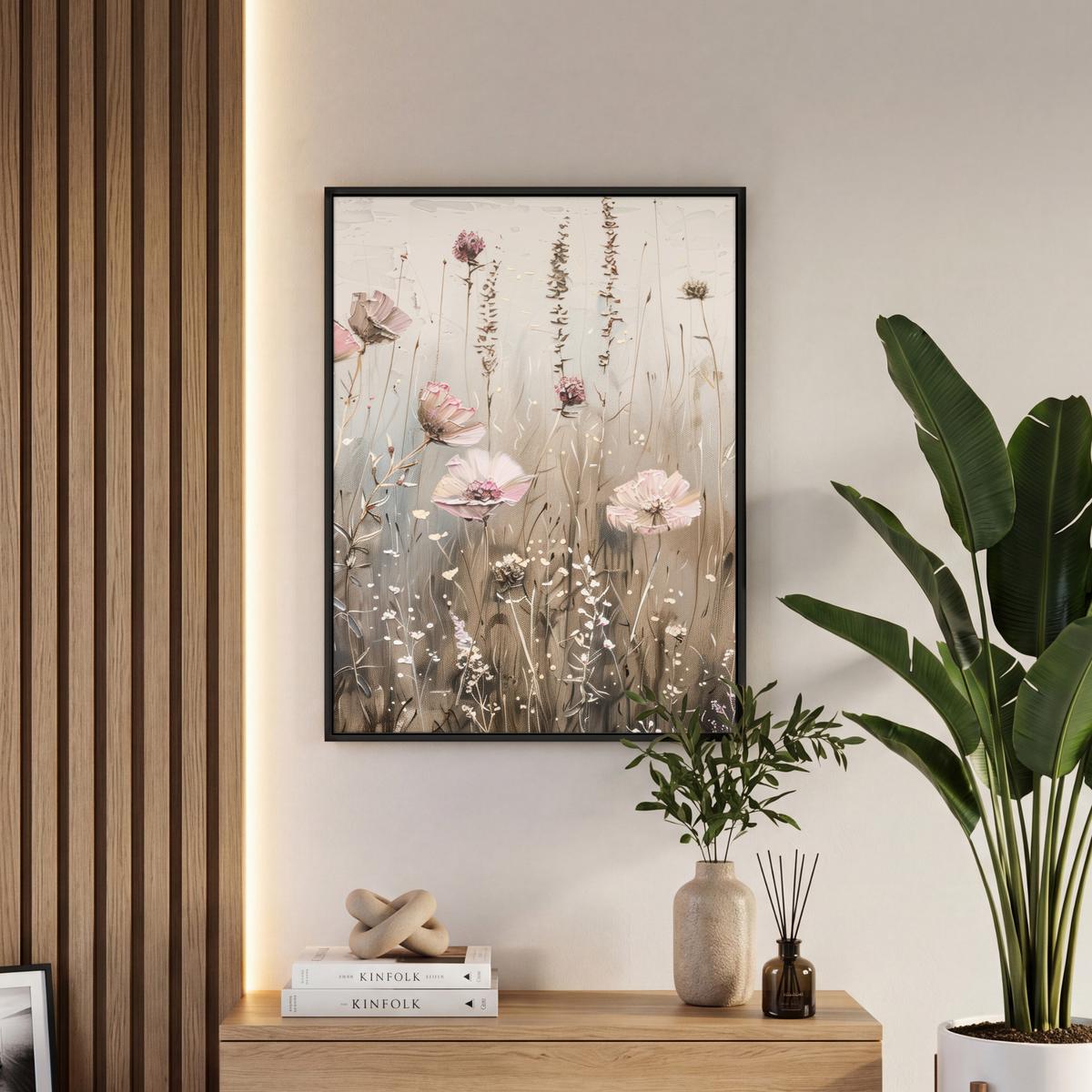 LEINWAND Bilder mit Rahmen - Blumen - Rosa - Modern - Beige - 60x80 - Beige, Textil (60/80cm) - MuchoWow