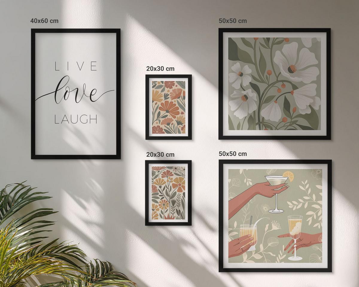 BILDER SET 5er Set - 50x50 cm & 20x30 cm & 40x60 cm Schwarzer Rahmen - Boho-Pflanzenmuster - Schwarz, Kunststoff (40/60cm) - TULUP