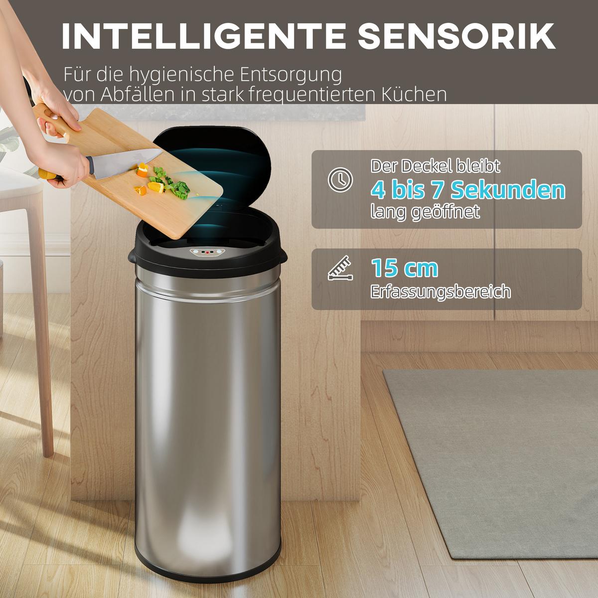 MÜLLEIMER mit Sensor 42L Edelstahl Automatischer Mülleimer mit Soft-Close-Deckel - Silberfarben, Metall (30.5/68/30.5cm) - HOMCOM