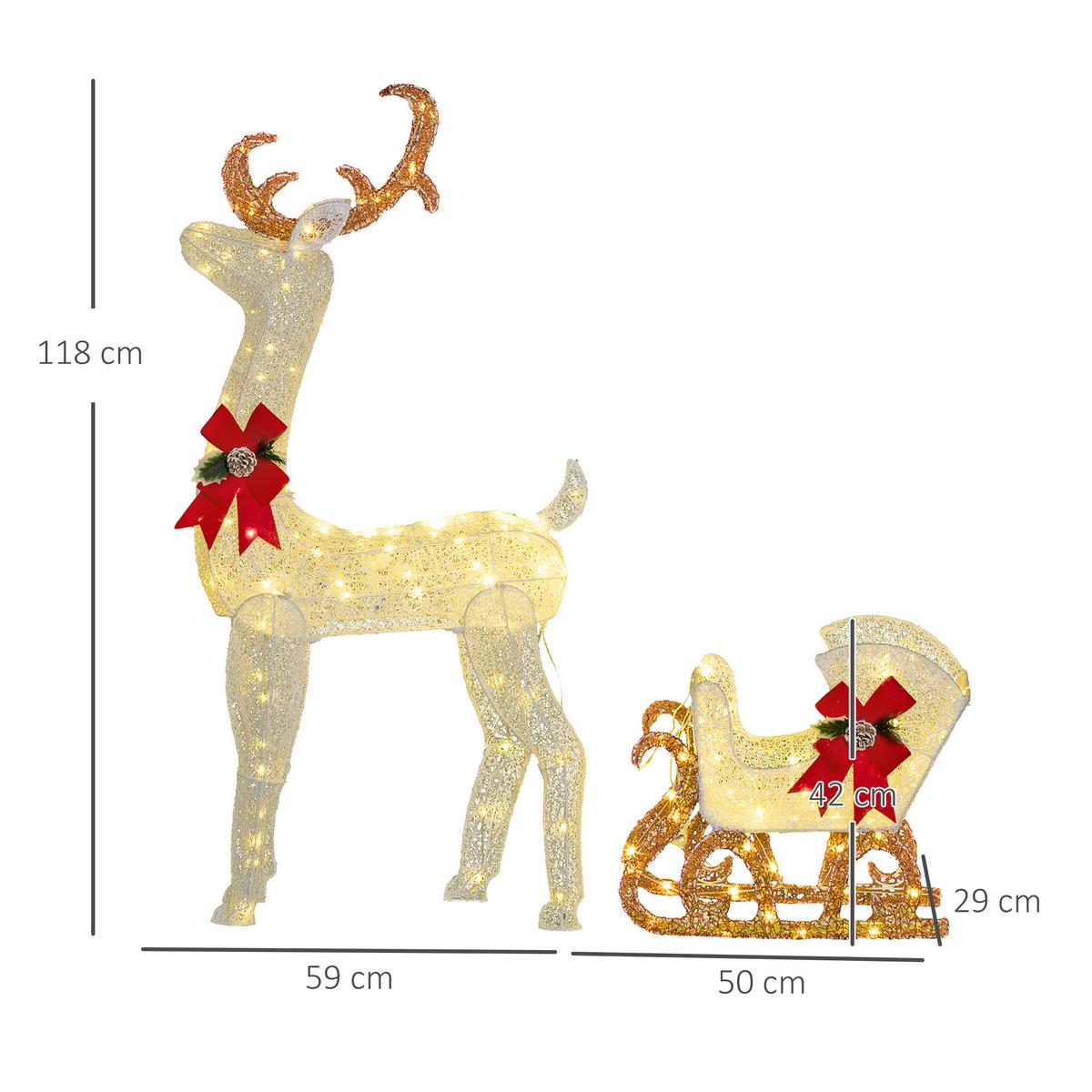LED Rentier und Schlitten Weihnachtsdeko mit 170 Lichtern für Indoor, Outdoor - Weiß, Metall (29/42/50cm) - Outsunny