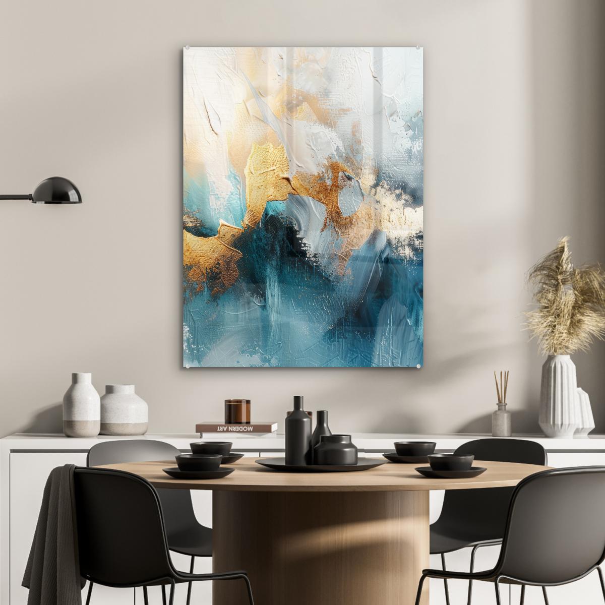 ACRYLGLASBILD Abstrakt - Kunst - Gold - Blau 60x80 cm - Petrol, Glas (60/80cm) - MuchoWow