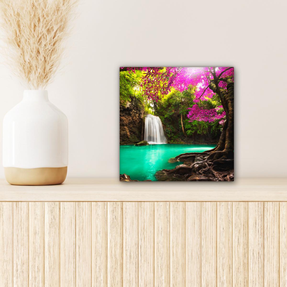 LEINWANDBILD Wasserfall mit bunten Blumen und Bäumen - Natur - Dschungel Deko Wohnzimmer 20x20 cm - Waldgrün, Textil (20/20cm) - MuchoWow