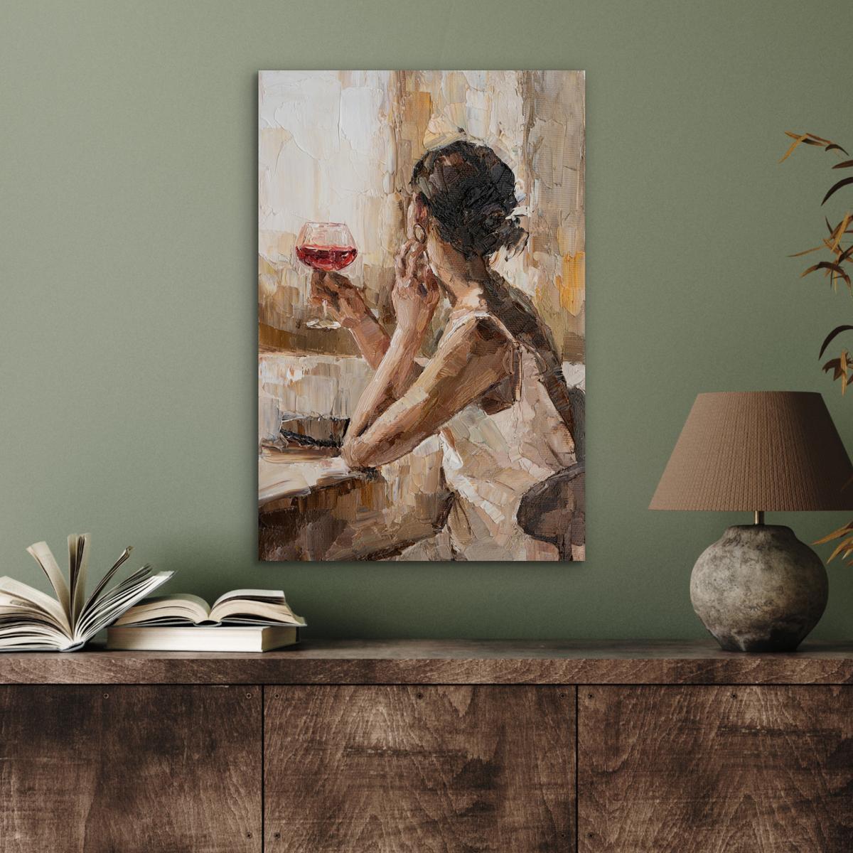 METALLBILD Ölgemälde - Frau - Wein Deko Schlafzimmer 40x60 cm - Hellbraun, Metall (40/60cm) - MuchoWow