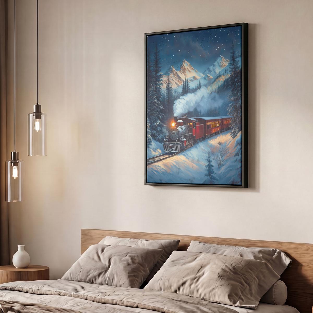 LEINWAND Bilder mit Rahmen - Zug - Weihnachten - Schnee - Weihnachtszug - 60x80 - Anthrazit, Textil (60/80cm) - MuchoWow