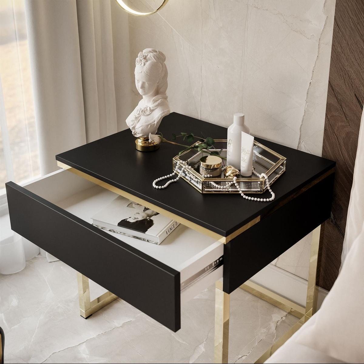 NACHTTISCH AURORA auf goldenem Gestell Schwarz Matt - Goldfarben/Schwarz, Holzwerkstoff/Metall (48/45/38cm) - Lookway
