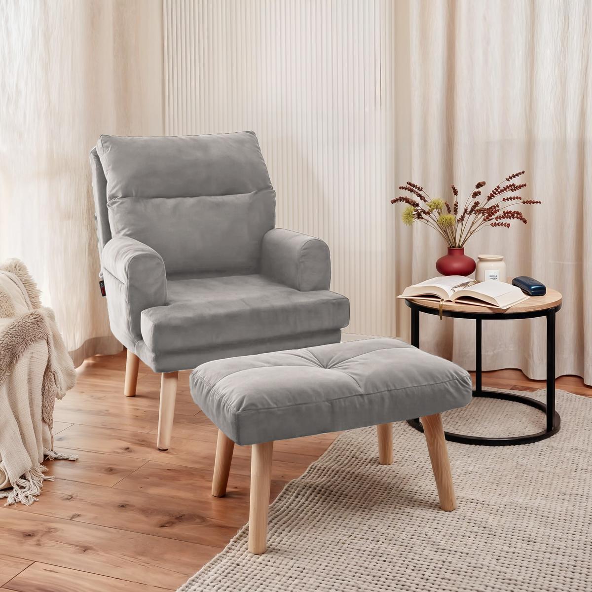 RELAXSESSEL NEMO mit Hocker und Holzfüßen - Grau, Holz (65/95/65cm) - Idohome