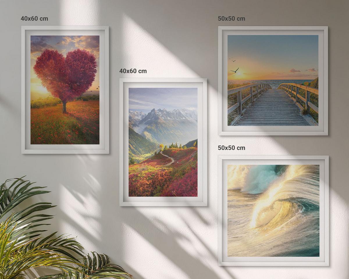BILDER SET 4er Set - 50x50 cm & 40x60 cm Weißer Rahmen - Landschaften Berge Wellen Baum Herz Pier - Weiß, Kunststoff (50/50cm) - TULUP