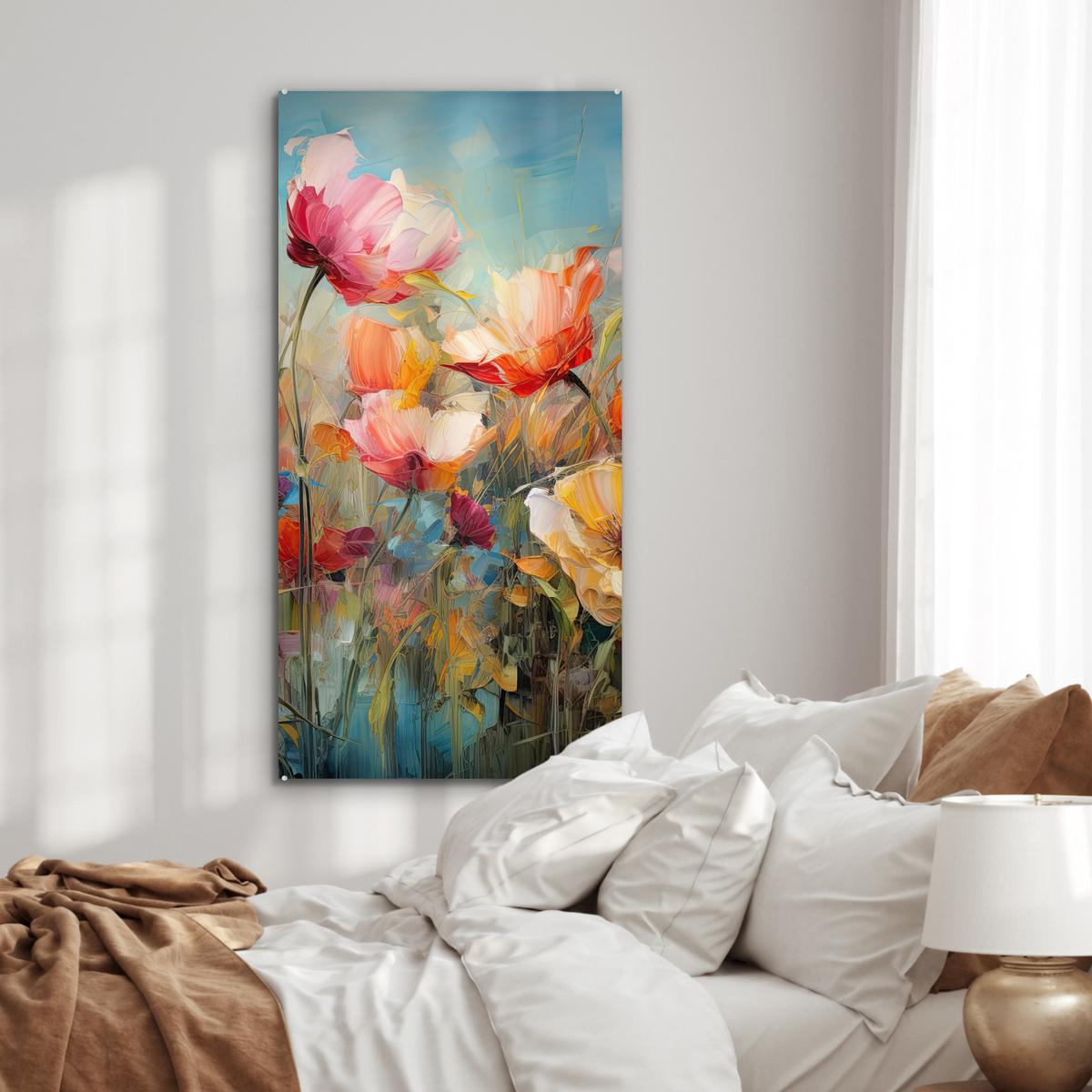 ACRYLGLASBILD Blumen - Aquarell - Kunst - Botanisch - Natur 60x120 cm - Orange, Glas (60/120cm) - MuchoWow