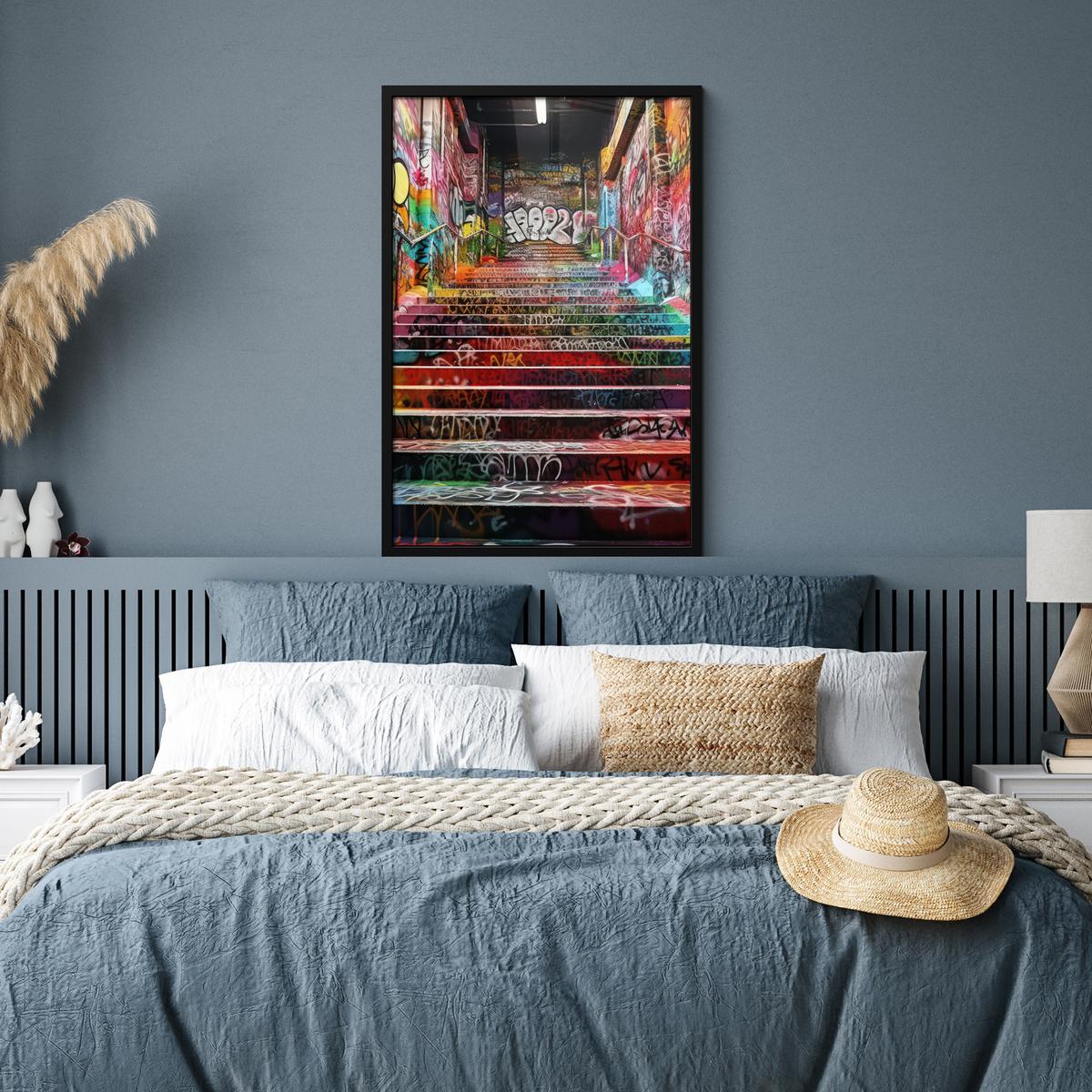 POSTER MIT RAHMENGERAHMTES BILD Treppe - Graffiti - Farben - Kunst 60x90 cm - Multicolor, Papier (60/90cm) - MuchoWow
