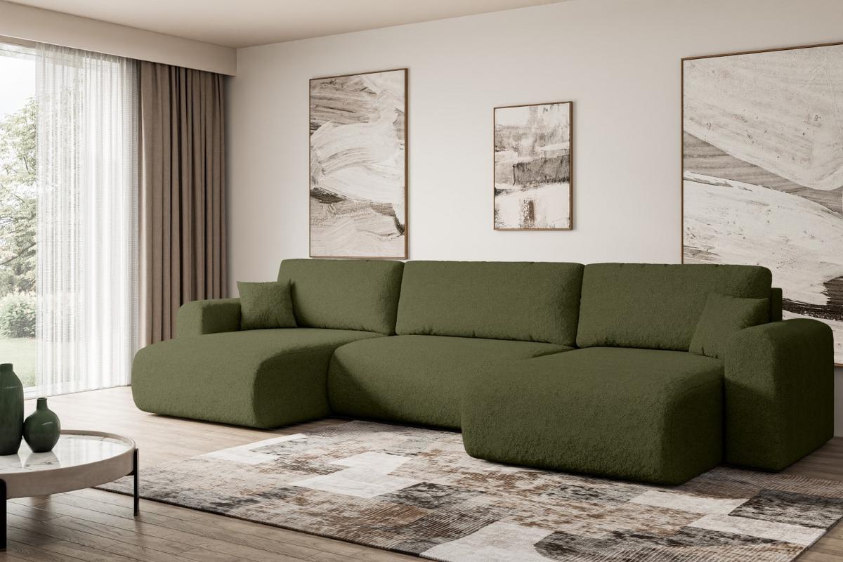 WOHNLANDSCHAFT mit Schlaffunktion und Bettkasten ORRO-U - 362x145x83 cm Grün Bouclé - Schwarz/Grün, Holzwerkstoff/Kunststoff (362/83/145cm) - ALTDECOR