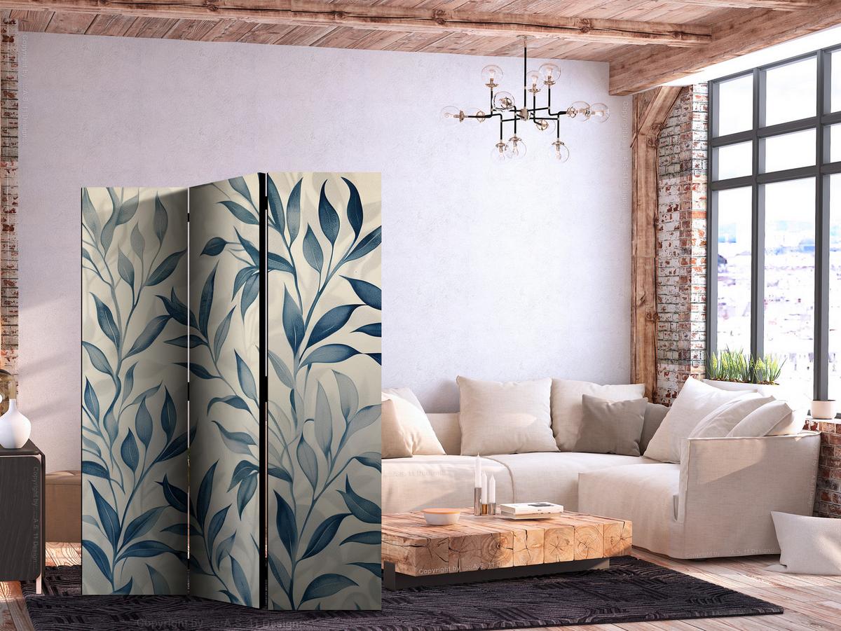 PARAVENT Einseitig Bedruckter 3-tlg 135x172 cm Blaue Bl tter Boho - Blau, Holz/Textil (135/172/3cm) - Muralo