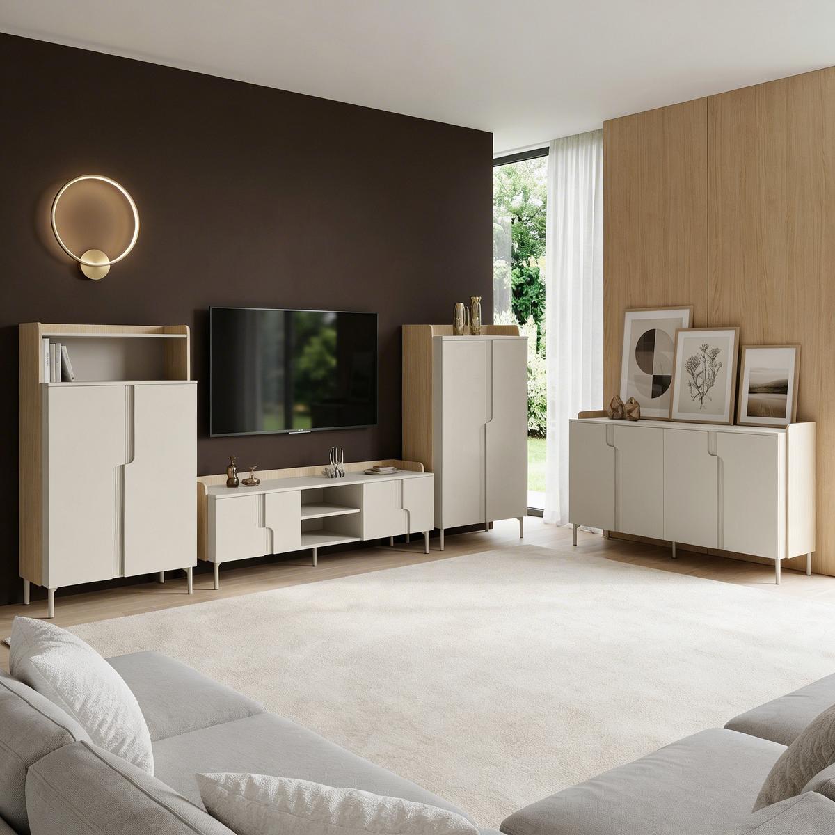 LOWBOARD Positivo mit 4 Türen, 160 cm, Mavelie-Eiche + Macadamia - Eichefarben, Holzwerkstoff (160/51/42cm) - Beautysofa