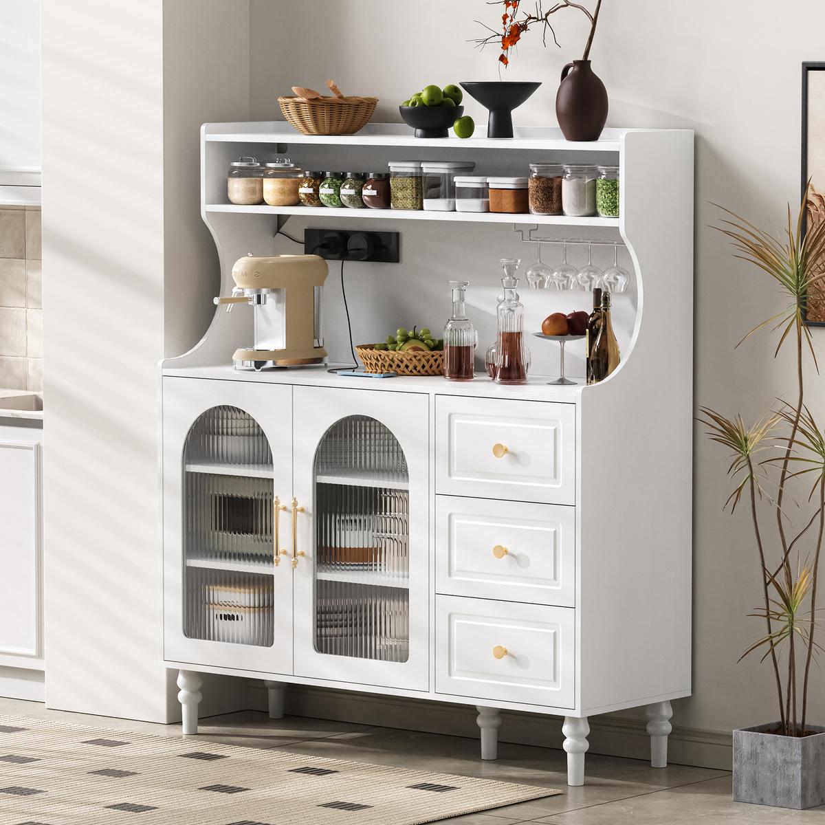 BUFFETSCHRANK mdf in weiß mit riffelglas, ladestation & weinglashalter - Weiß, Holzwerkstoff (120/138.5/40cm) - Urban Meuble
