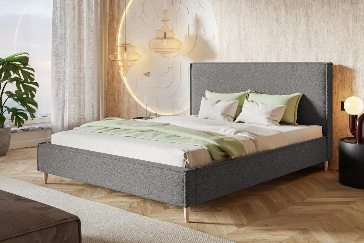 POLSTERBETT LUX RICO mit Kopfteil, 140 x 200 cm, Doppelbett mit Lattenrost aus Holz, Boucle-Stoff Grau, Füße in Farbe: Braun - Grau, Holz/Textil (140/200cm) - Alpi-Möbel