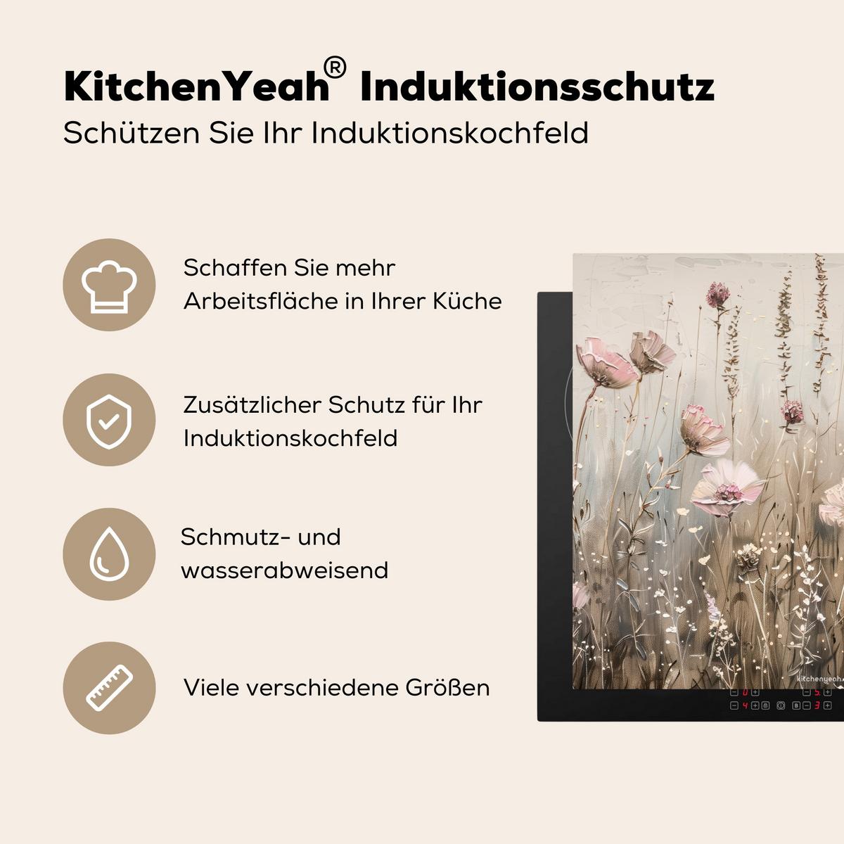HERDABDECKPLATTE Blumen - Beige - Trockenblumen Abdeckung Ceranfeld 59x51 cm - Beige, Kunststoff (59/51/0.2cm) - MuchoWow