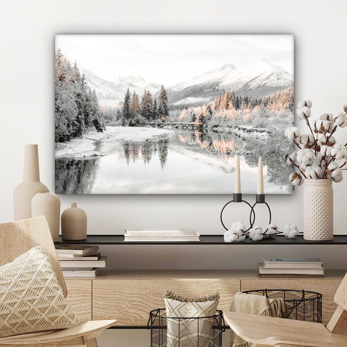 LEINWANDBILD Natur - Winter - Bäume - Berge - Schnee Gemälde 60x40 cm - Weiß Hochglanz, Textil (60/40cm) - MuchoWow