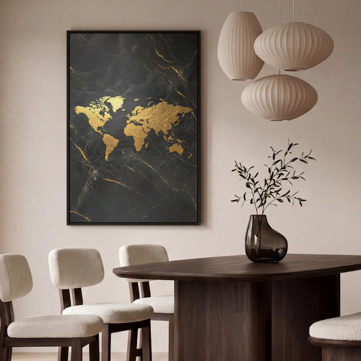 LEINWAND Bilder mit Rahmen - Weltkarte - Gold - Marmor - 100x150 - Goldfarben, Textil (100/150cm) - MuchoWow