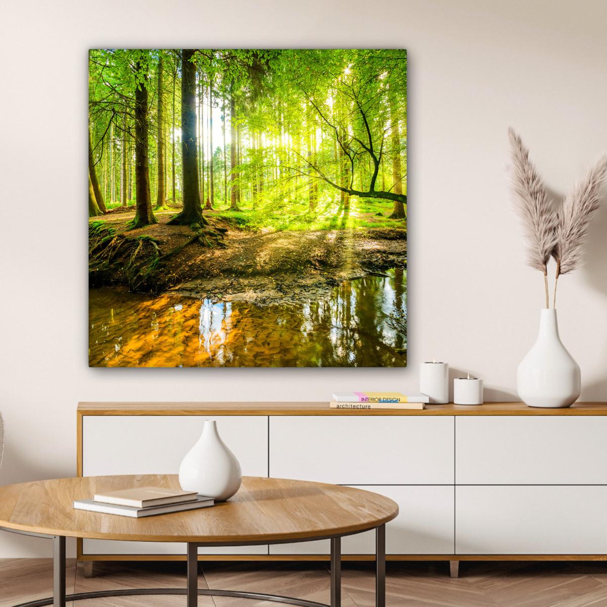 LEINWANDBILD Wald - Landschaft - Wasser - Bäume - Sonne - Grün - Natur Deko Groß 90x90 cm - Grün, Textil (90/90cm) - MuchoWow