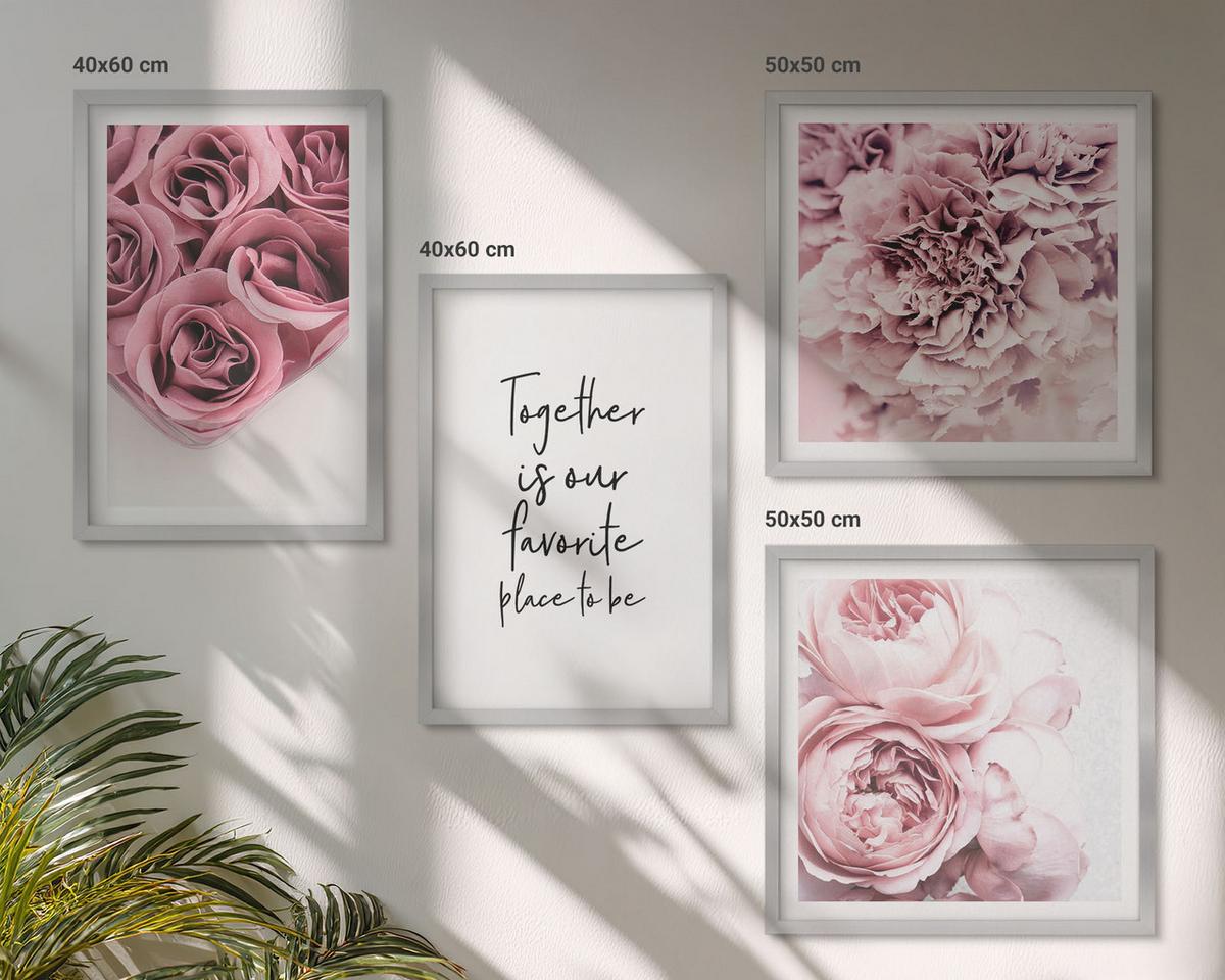 BILDER SET 4er Set - 50x50 cm & 40x60 cm Silberner Rahmen - Blumensträuße mit Rosen, Hausinschrift - Silberfarben, Kunststoff (50/50cm) - TULUP