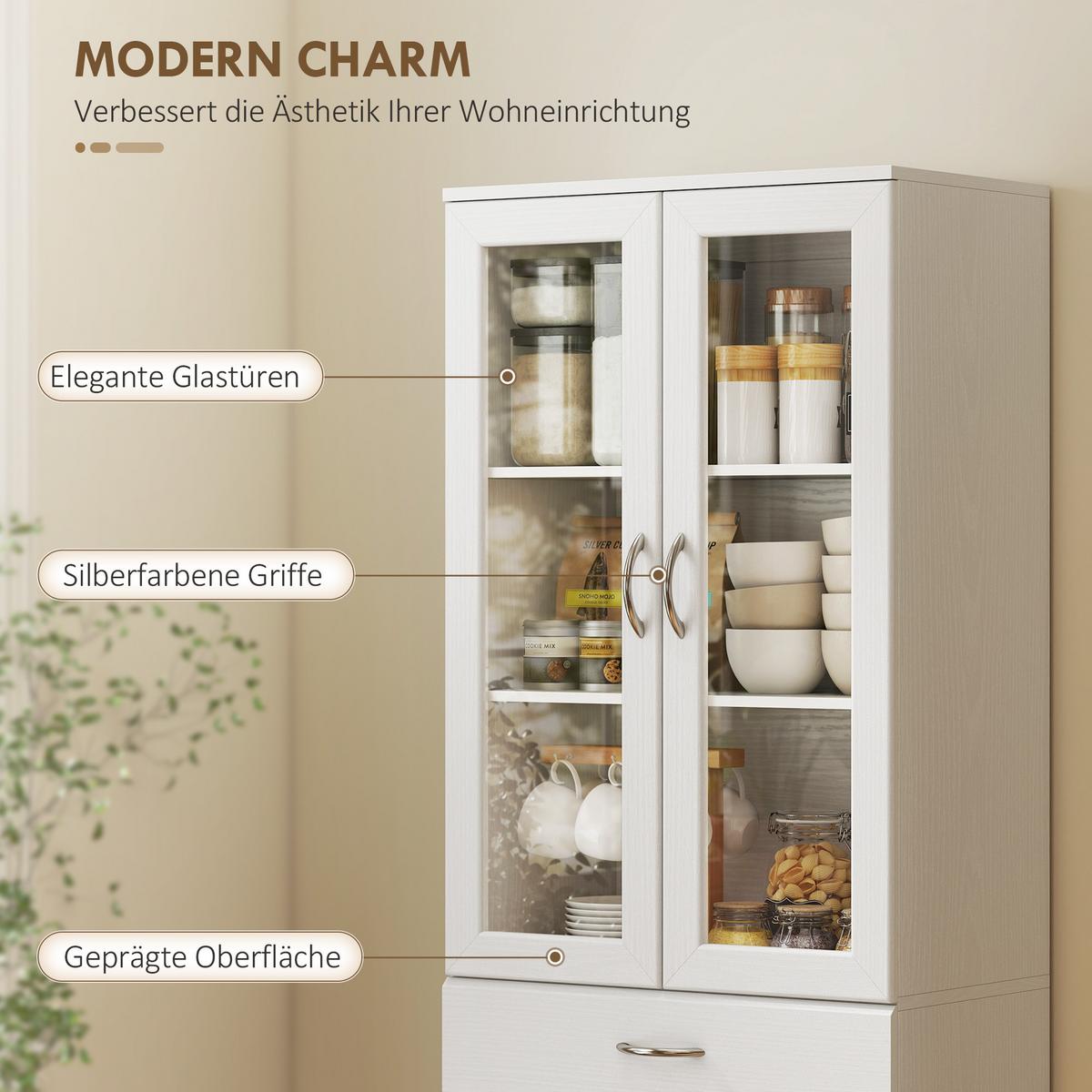 KÜCHENSCHRANK Spanplatte Hartglas Weiß - Silberfarben/Weiß, Holzwerkstoff/Metall (35/180/60cm) - HOMCOM