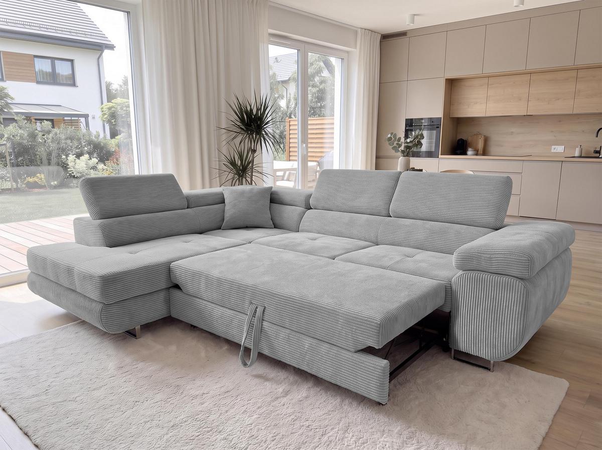 ECKSOFA L Form Konak Hellgrau 276/201/90 cm Links mit Schlaffunktion - Silberfarben/Hellgrau, Textil/Metall (203/276cm) - AX Living
