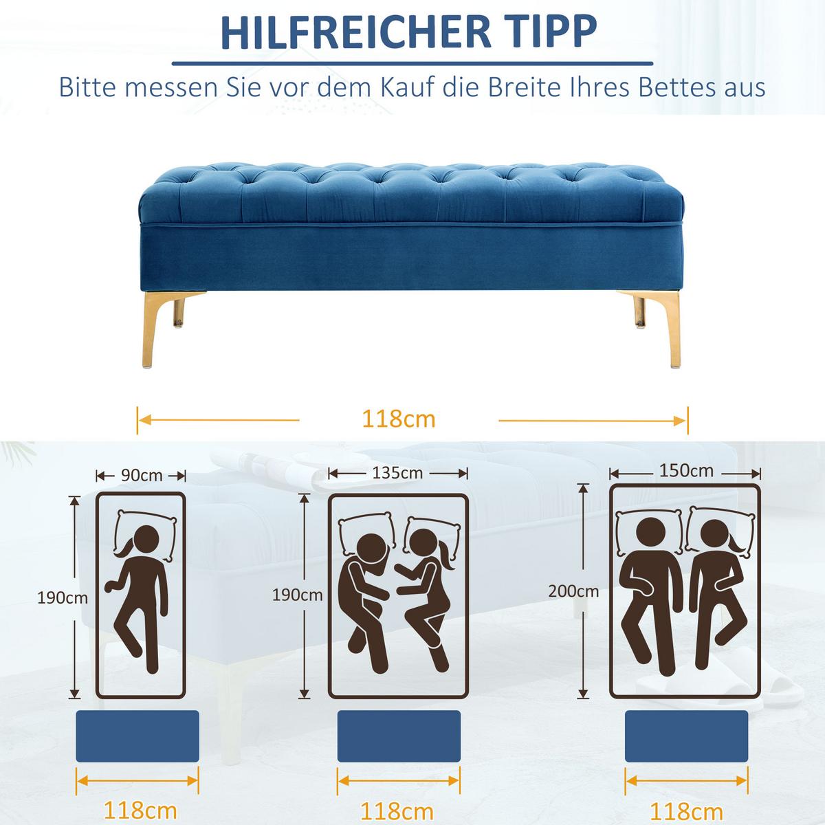 SITZBANK Bettbank Schuhbank mit erhöhten Beine Schlafzimmer Samt Blau - Blau, Kunststoff (45/42/118cm) - HOMCOM