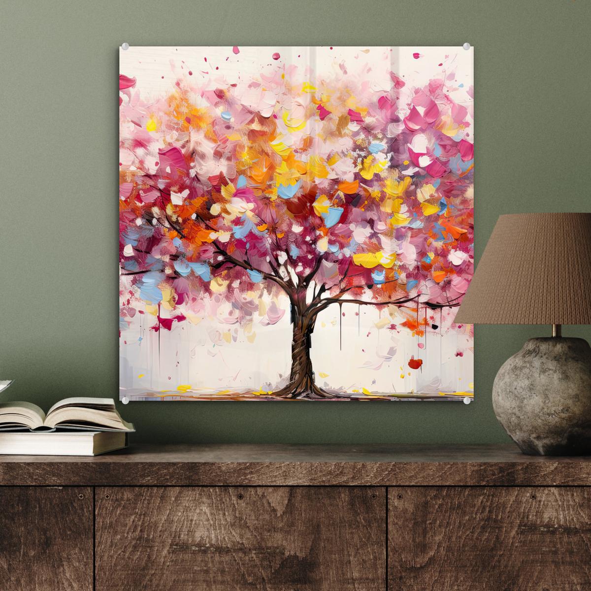ACRYLGLASBILD Aquarell - Baum - Kunst - Abstrakt 50x50 cm - Multicolor, Glas (50/50cm) - MuchoWow