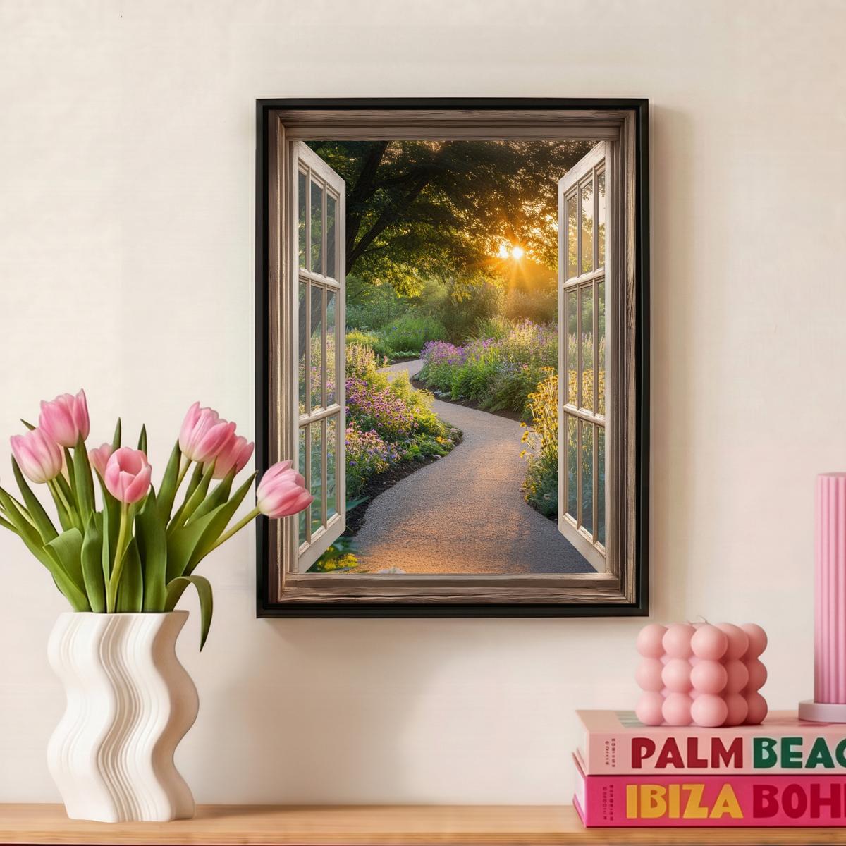 LEINWAND Bilder mit Rahmen - Aussicht - Blumen - Natur - Sonne - Weg - 30x40 - Hellgelb, Textil (30/40cm) - MuchoWow