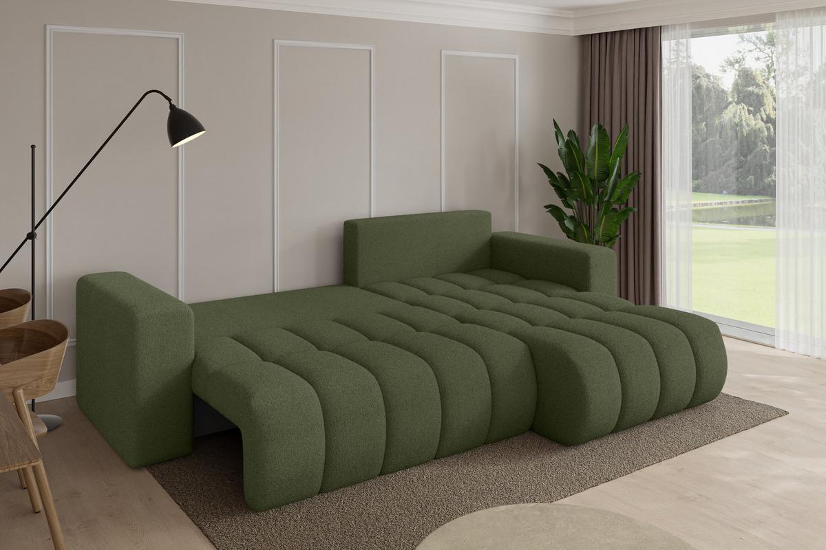 ECKSOFA mit Schlaffunktion Ottomane Rechts MILA-L-v1 277x195x86 Grün Bouclé - Schwarz/Olivgrün, Holzwerkstoff/Kunststoff (277/194cm) - ALTDECOR