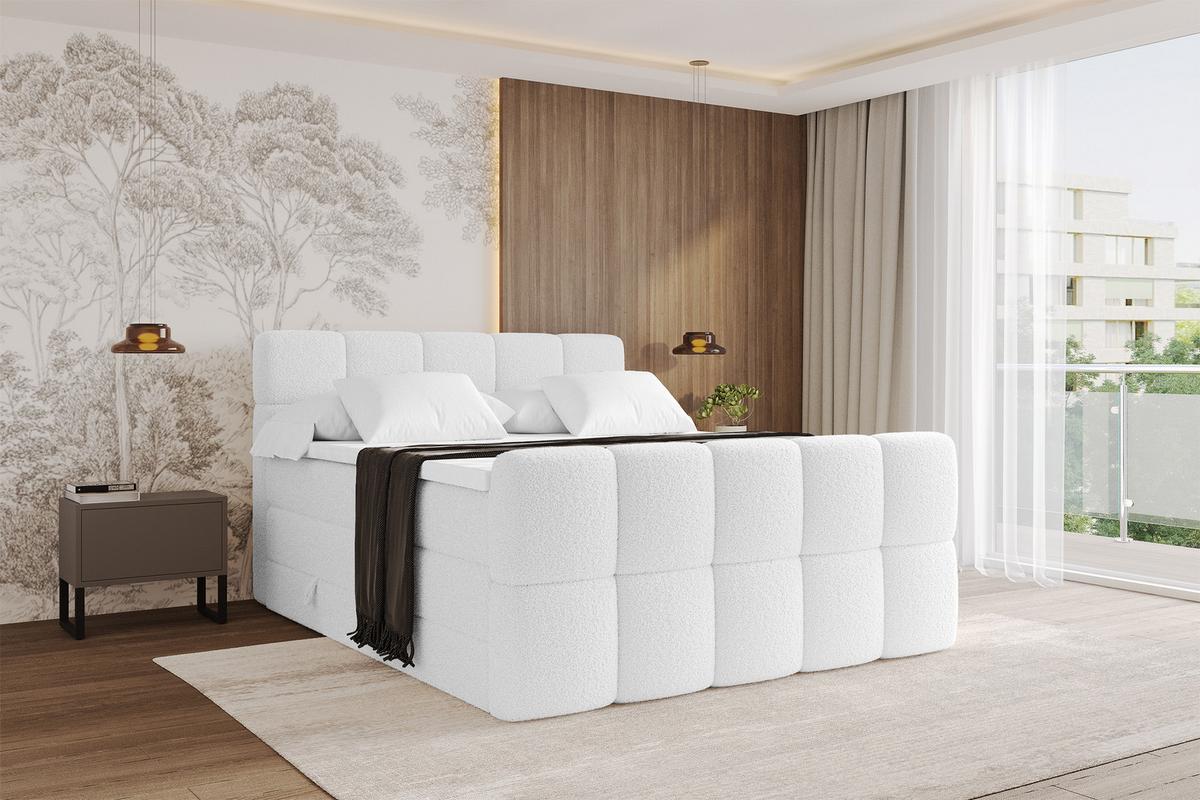 BOXBETT mit Matratze H3/H4 - FAMA-Z KING - 160x200 cm Weiß Quelle - Weiß, Holzwerkstoff (160/200cm) - ALTDECOR