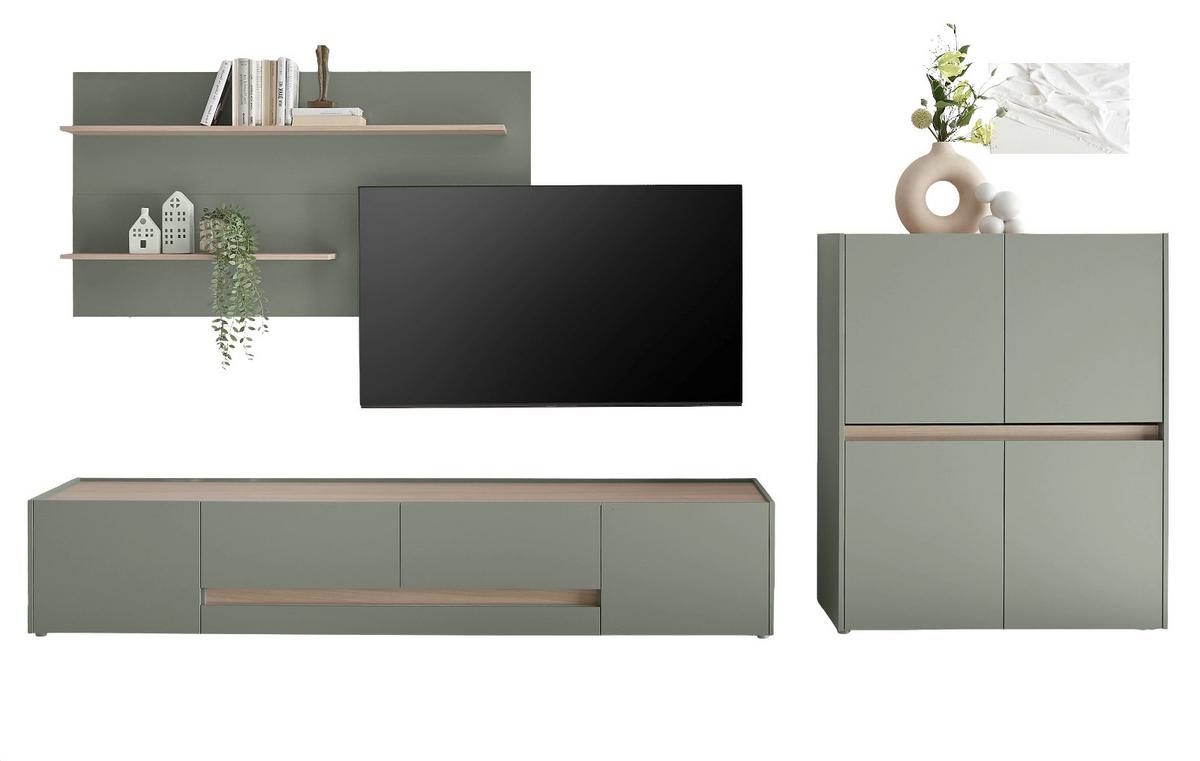 WOHNWAND 3-teilig Salbei grün, Barista Eiche 343 cm, Schrankwand in modernem Design - Salbeigrün/Eichefarben, Holzwerkstoff/Kunststoff (343/180/45cm) - Furn.Design
