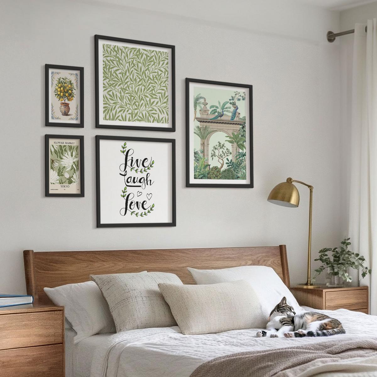 BILDER SET 5er Set - 50x50 cm & 20x30 cm & 40x60 cm Schwarzer Rahmen - Grüne Blätter exotischer Pflanzen - Schwarz, Kunststoff (40/60cm) - TULUP