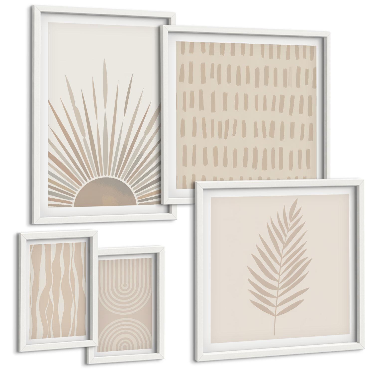 BILDER SET 5er Set - 50x50 cm & 20x30 cm & 40x60 cm Weißer Rahmen - Beige Pflanzenmuster - Weiß, Kunststoff (40/60cm) - TULUP