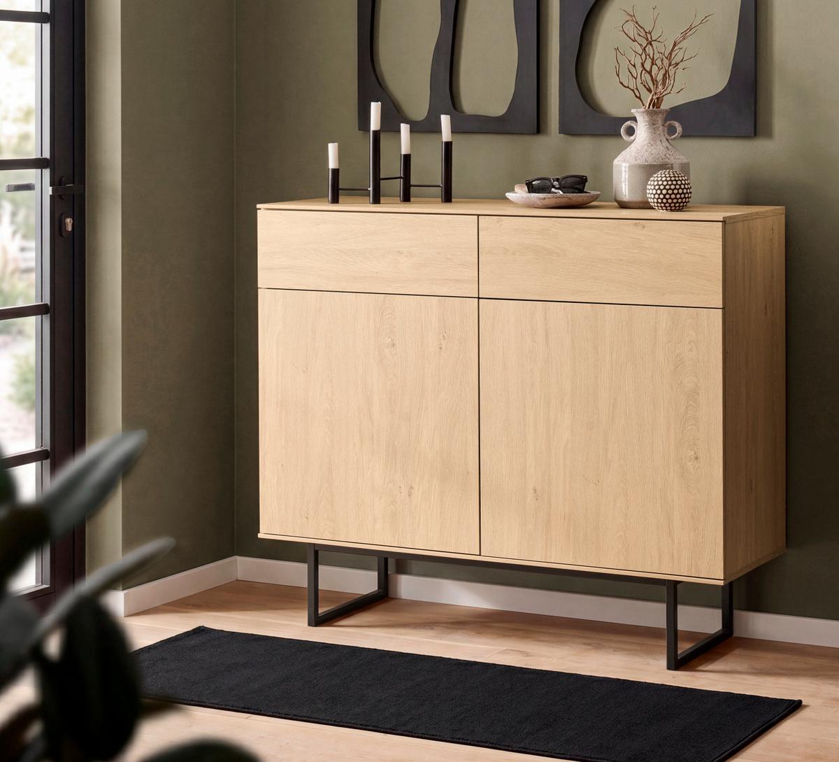 FLURKOMMODE Stone Eiche 115 x 98 cm, Schuhschrank mit Push-to-Open - Eichefarben/Schwarz, Holzwerkstoff/Metall (115/98/40cm) - Furn.Design
