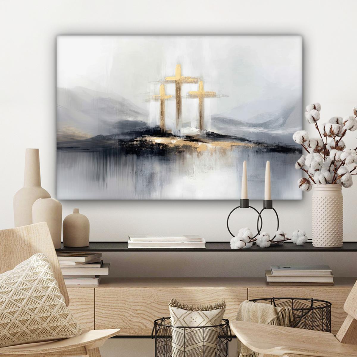 LEINWANDBILD Abstrakt - Malerei - Christentum - Kreuz Gemälde 60x40 cm - Weiß, Textil (60/40cm) - MuchoWow