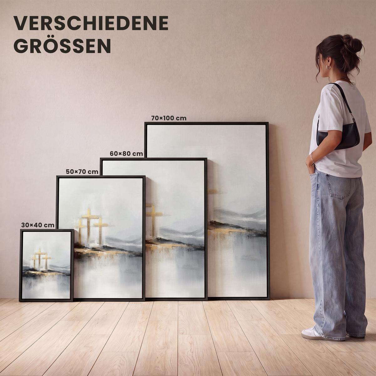 LEINWAND Bilder mit Rahmen - Abstrakt - Malerei - Christentum - Kreuz - 70x100 - Weiß, Textil (70/100cm) - MuchoWow