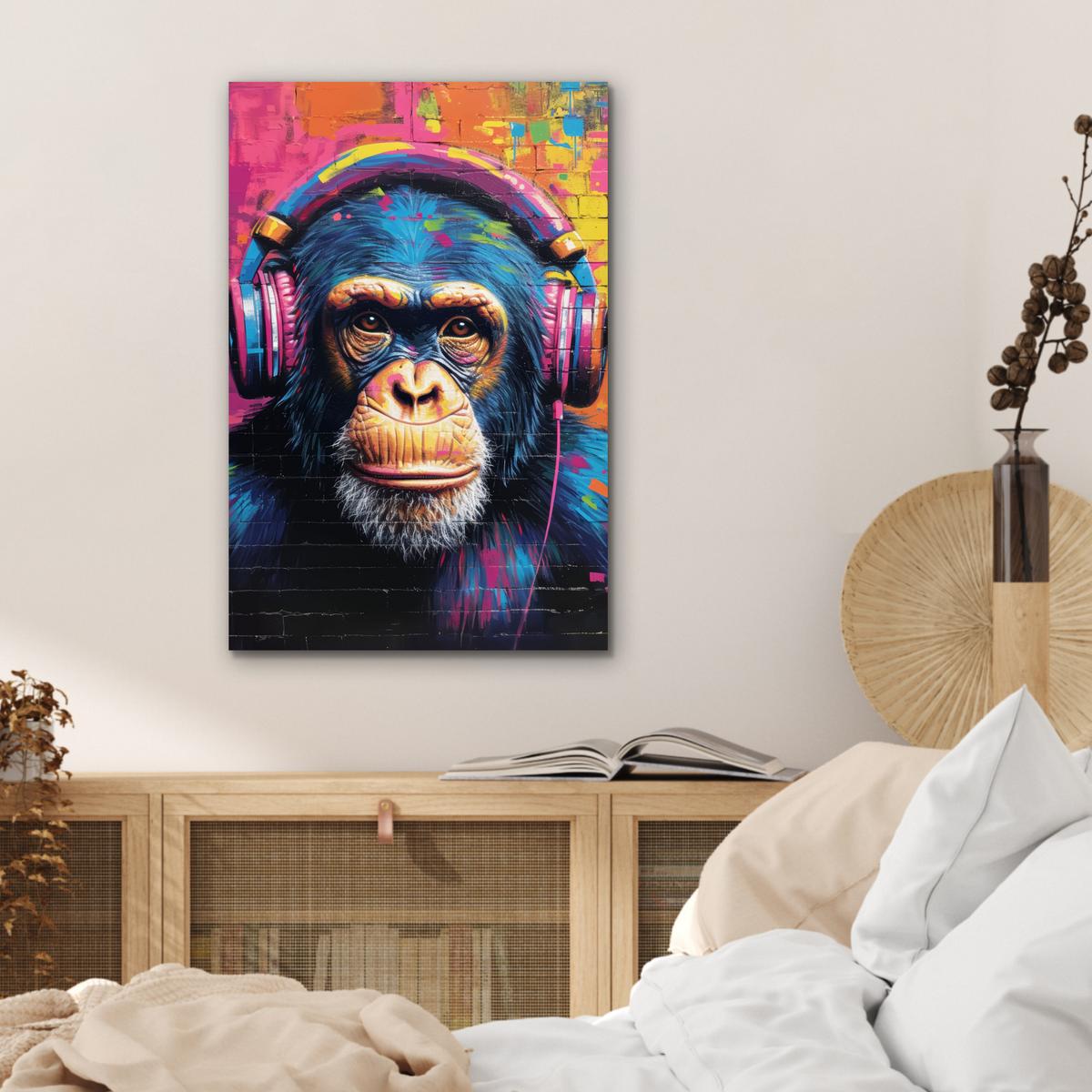 METALLBILD Graffiti - Schimpanse - Straßenkunst - Kopfhörer - Affe Deko Schlafzimmer 40x60 cm - Blau, Metall (40/60cm) - MuchoWow