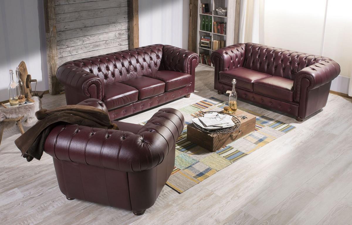 COUCHGARNITUR Chesterfield 3-2-1 Kalea Bezug Wischleder Echtleder Rot - Rot, Leder (98/76/98cm) - 58aufmkessel