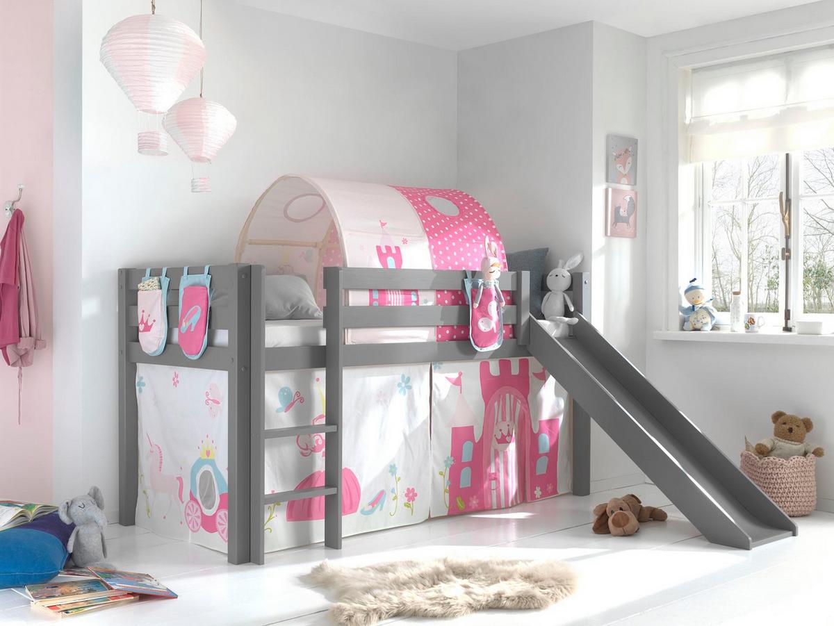 HOCHBETT mit Rutsche Karolina Massivholz Grau Textilset Princess 4 - Magenta/Grau, Holz (90/200cm) - 58aufmkessel