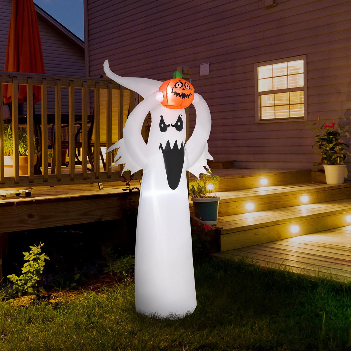 HALLOWEEN AUFBLASBARER GEIST , Weiß + Orange, Polyester - Weiß, Kunststoff (40/180/80cm) - HOMCOM