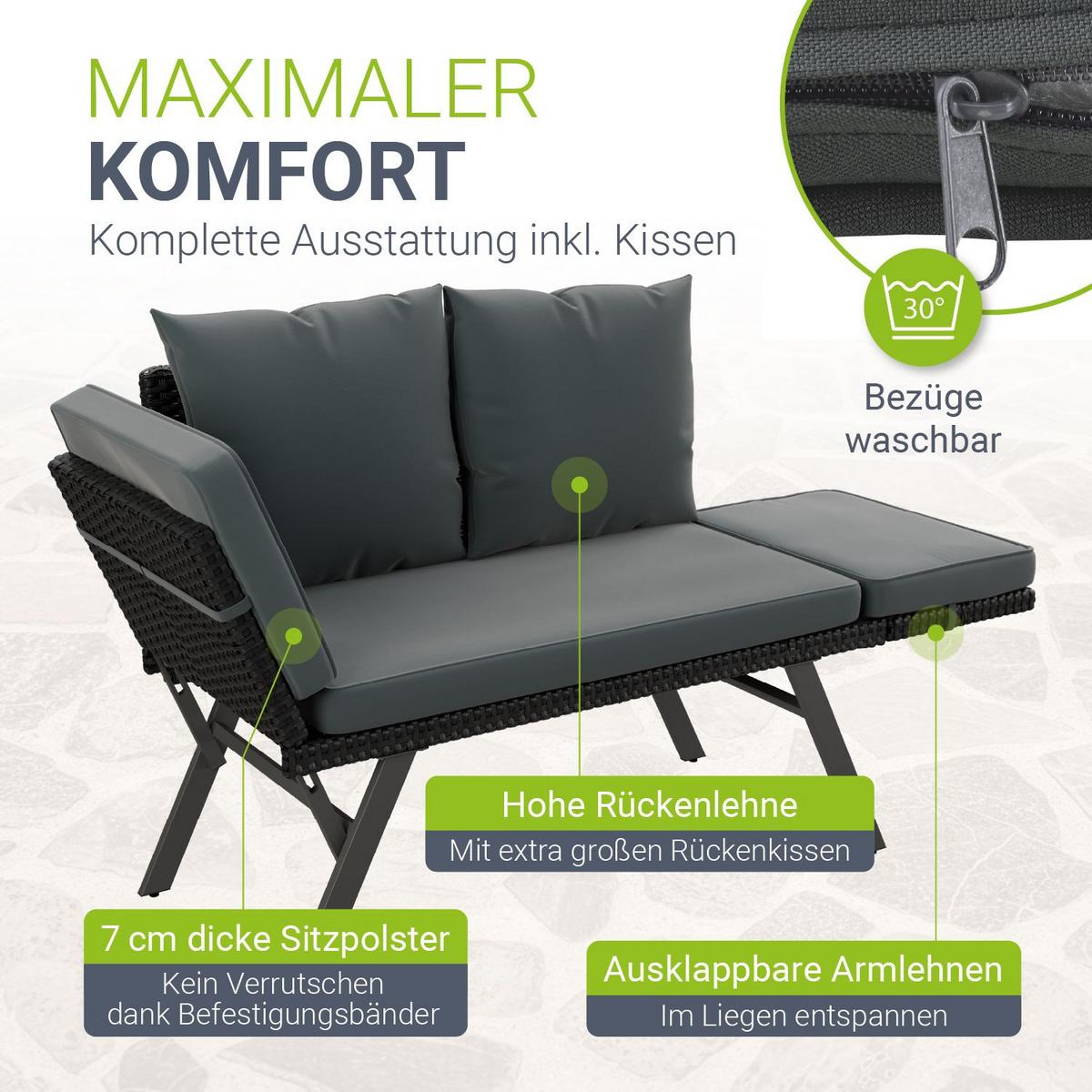 GARTENBANK Calvia klappbar schwarz/grau - Schwarz, Kunststoff/Metall - Juskys