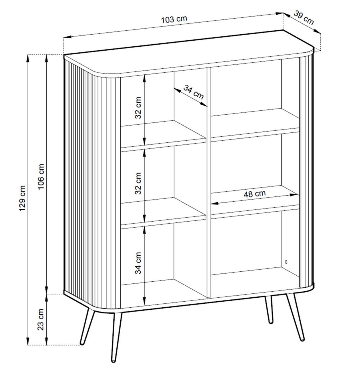 HIGHBOARD Salvia 2T Schwarz 103/129/39 cm – mit geriffelten Fronten und hohen Beinen - Schwarz, Holzwerkstoff/Metall (103/129/39cm) - AX Living