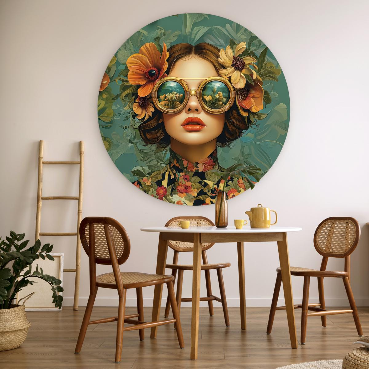 WANDBILD Frau - Blumen - Schmetterlinge - Natur - Vintage Deko Groß 150x150 cm - Petrol, Kunststoff (150/150cm) - MuchoWow